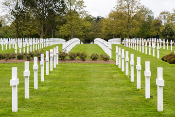 Precise Rows of Marble Headstones, American Cemetery, Normandy, France