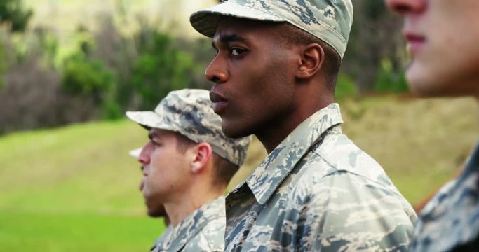 Group of military soldiers standing in line 