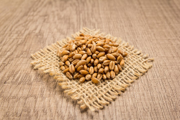 Wheat cereal grain. Grains on square cutout of jute. Wooden table. Selective focus.