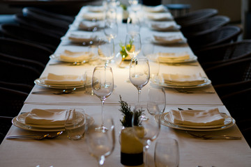 Empty glasses wine in restaurant. Glass water. Dish spoon fork on table