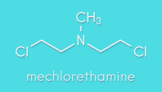 Chlormethine (mechlorethamine, mustine, HN2) cancer chemotherapy drug molecule. Nitrogen mustard compound also used a blister agent (chemical weapon). Skeletal formula.