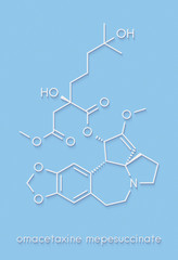 Omacetaxine mepesuccinate cancer drug molecule. Used in treatment of chronic myelogenous leukemia (CML). Skeletal formula.