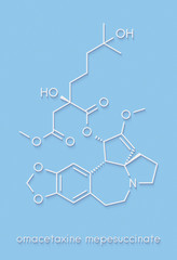 Omacetaxine mepesuccinate cancer drug molecule. Used in treatment of chronic myelogenous leukemia (CML). Skeletal formula.