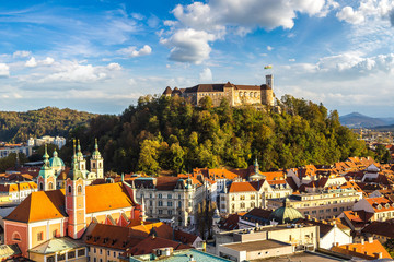 Aerial view of Ljubljana's castle - obrazy, fototapety, plakaty