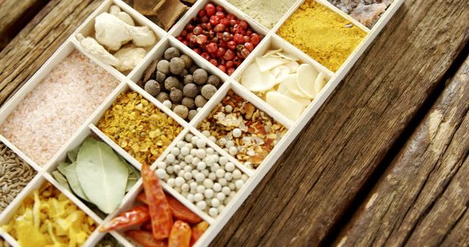 Various spices in a tray 