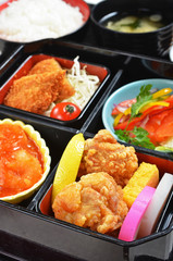 Close up of Japanese fried chicken lunch box 