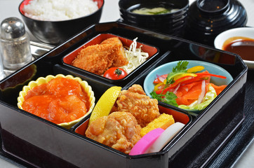 Close up of Japanese fried chicken lunch box 