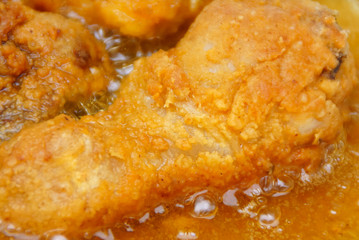Close Up Chicken Frying In A Pan. Unhealthy Food Concept