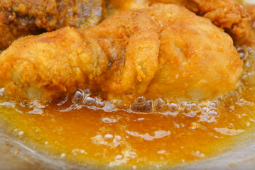 Close Up Chicken Frying In A Pan. Unhealthy Food Concept