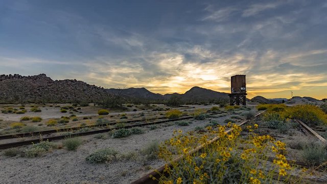 Sunset over railroad tracks and water tower at Dos Cabezas in  Anza-Borrego Desert State Park