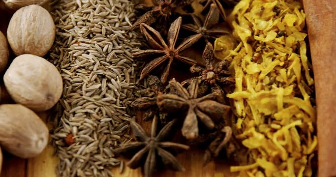 Various spices arranged in row 