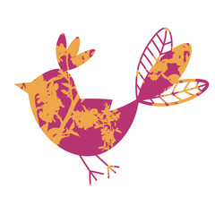 Cute colorful tropical flying bird with floral ornament isolated on white background. Vector illustration. 