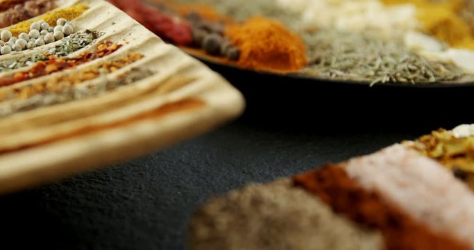 Various spices arranged in tray 