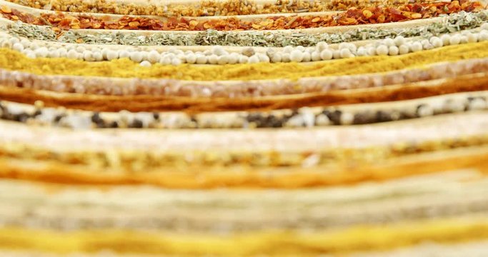 Various spices arranged in a row 