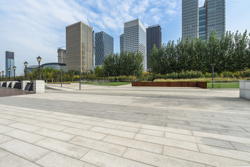empty brick floor with cityscape and skyline.