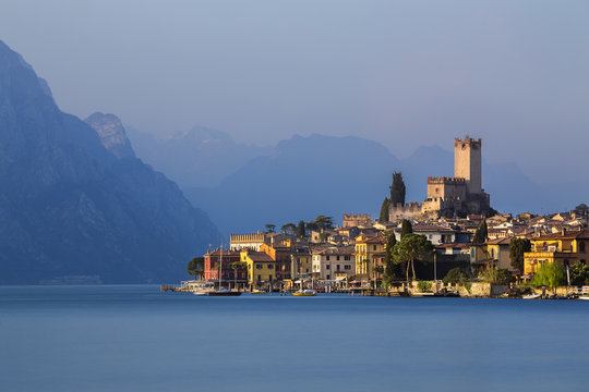 The small medieval village of Malcesine and the Scaligero castle on Garda lake, Verona, Veneto, Italy