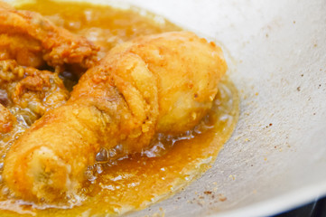 Close Up Chicken Frying In A Pan. Unhealthy Food Concept
