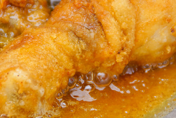 Close Up Chicken Frying In A Pan. Unhealthy Food Concept