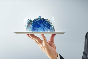 Waiter hand holding an empty digital tablet with global earth and network connection concept .