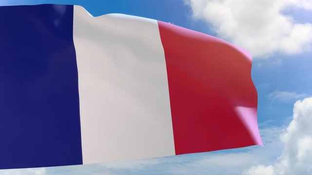 3D rendering of France flag waving on blue sky background with Alpha channel can change background later, French National Day, celebrated on 14 July each year