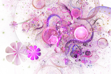 Beautiful pink, golden and blue bouquet on white background. Abstract fantastic fractal flowers and gems. Psychedelic digital art. 3D rendering.