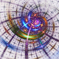 Abstract intricate spiral ornament with blue, green and orange sparkling shapes on white background. Fantasy fractal design. Psychedelic digital art. 3D rendering.