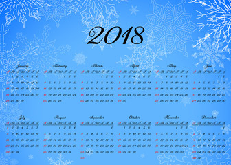 Fototapeta na wymiar Calendar 2018 horizontal A4 format starts on Sunday