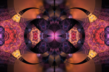 Abstract exotic red and orange flowers. Fantastic symmetrical fractal design. Psychedelic digital art. 3D rendering.