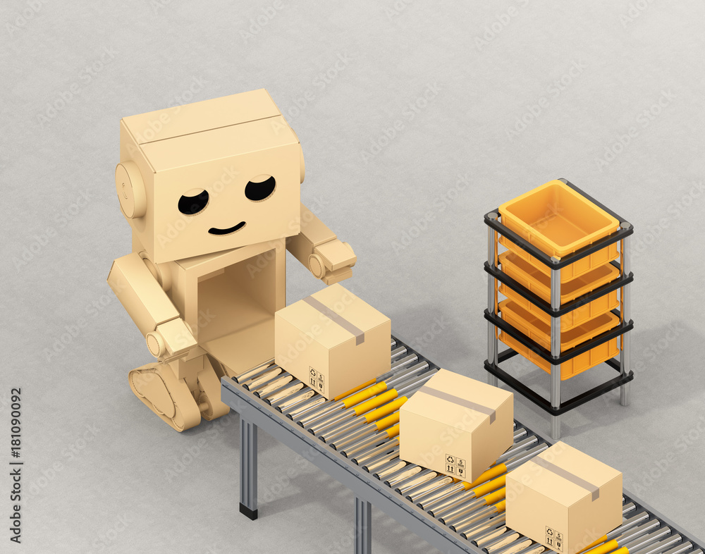 Poster isometric view of cute cardboard robot picking up cardboard parcel from conveyor belt. 3d rendering 