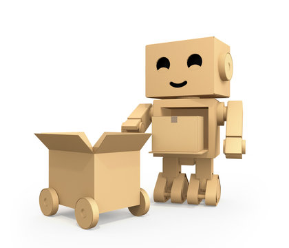 Cute Cardboard Robot carrying parcel to cardboard truck. 3D rendering image.