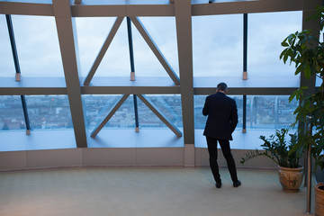 Rearview of a businessman talking on the phone looking out the window.