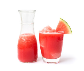 Closeup fresh water melon smoothie in glass and bottle on white background, Fruit drink for healthy concept, selective focus
