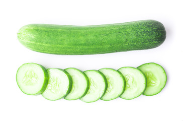 Closeup cucumber with sliced on white background, food and vegetable concept, top view
