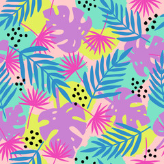 Fototapeta na wymiar Trendy tropical leaves seamless pattern. Vector bright hand drawn background.