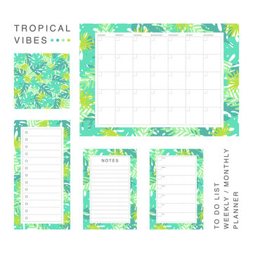 Set of planner goods. Tropical leaves theme. Monthy, weekly, daily schedule, to do list, notes templates. Printable vector 
