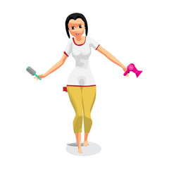 Woman combs her hair and blows with a hairdryerdrying. Girl uses