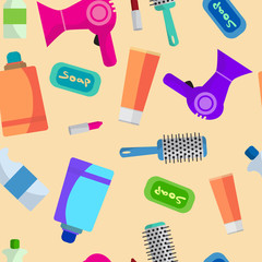 Seamless textile pattern of female self-care items. Hairdryer, s