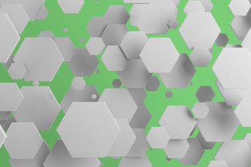 White hexagons of random size on green background