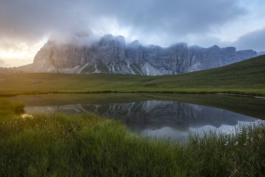 Lastoi De Formin Mount reflected on Baste lake, Mondeval, Dolomites, Cortina D'Ampezzo, Italy