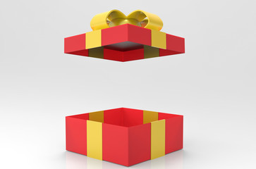 3d rendering. A opened red gift or present box with yellow ribbon on gray background. Can put  any massage on between it