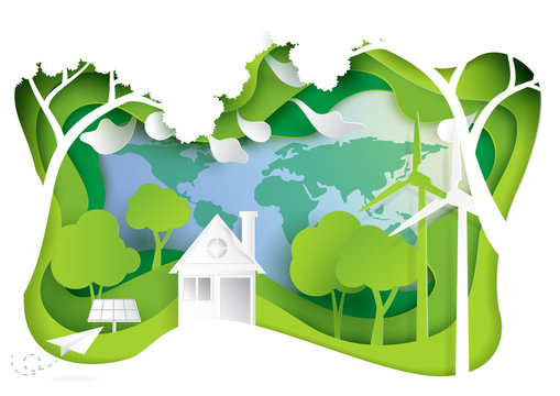 Go green.Nature landscape and eco friendly concept.Paper carve of environment conservation conceptual design.Vector illustration.