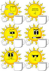 Cartoon sun holding big mug. Collection with angry faces. Expressions vector set.
