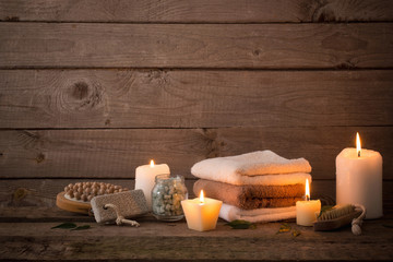 Beautiful composition of spa treatment on dark wooden  background