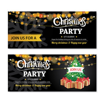 Invitation merry christmas party poster banner and card design template on black background. Happy holiday and new year with tree and gift box theme concept.