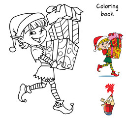 Christmas elf with gifts. Coloring book. Cartoon vector illustration