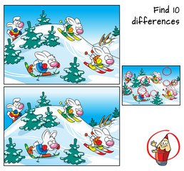 Funny Rabbits skiing. Find 10 differences. Educational game for children. Cartoon vector illustration