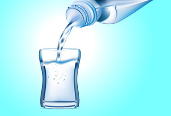 Pouring water from bottle into glass on blue background