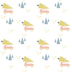 Christmas Pattern with pink cars, vector illustration - 181095499
