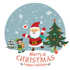 Vintage Christmas poster design with vector Santa Claus, snowman, elf characters.
