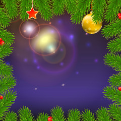 Fototapeta na wymiar Christmas background with glowing rays, fir branches, red viburnum berries. Christmas balls, beads, red star, 3D illustration for New Year greetings. Template for greeting poster or cards.